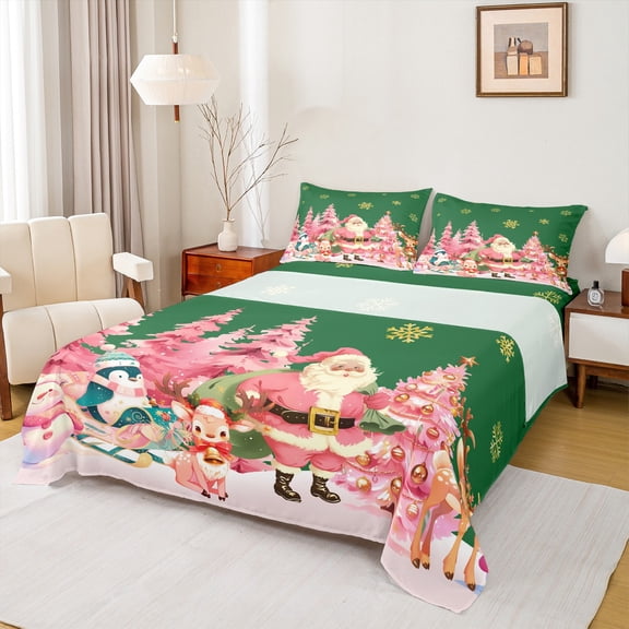 Manfei Pink Green Christmas Full Size Sheets for Child, Funny Santa Claus Bed Sheets, Winter Snowman Penguin Sheet Sets, Breathable Home Decor, 4pcs