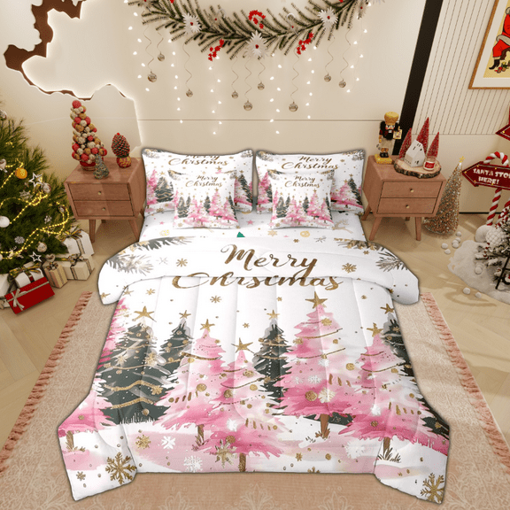 Manfei Pink Green Xmas Tree Bedding Comforter Set 7 Pieces, Merry Christmas Full Bedding Set, Princess Fairy Tale Reversible Fitted Sheet Flat Sheet, Super Cozy Room Decor