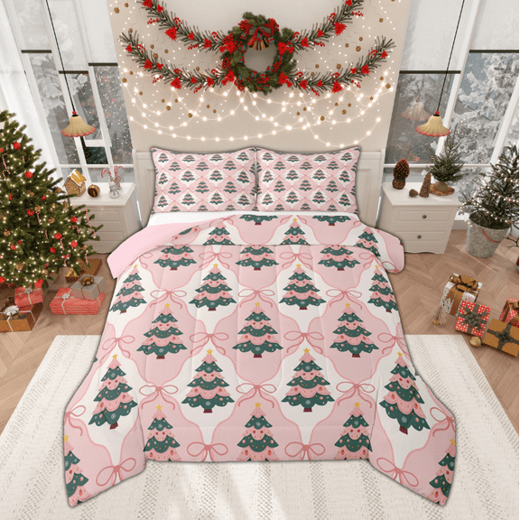 Manfei Pink Green Xmas Tree Bedding Comforter Set, Cartoon Christmas Buffalo Twin Comforter Sets, Teen Kid Child Reversible Bedding Set, Luxury Bedroom Decor, 2 Pieces