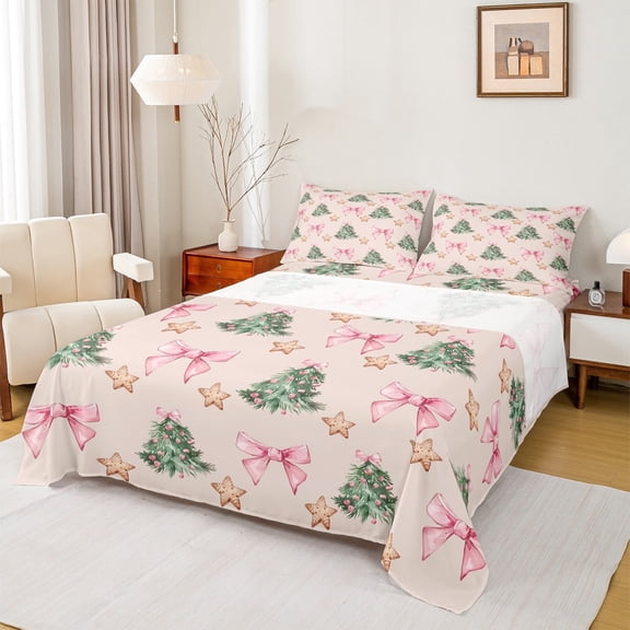 Manfei Pink Green Xmas Tree Twin Sheet Sets, Cartoon Christmas Stars Bowknot Twin Fitted Sheet, Teen Kid Child Flat Sheet, Microfiber Bedroom Decor, 3 Pieces