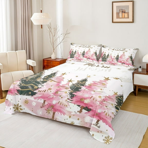 Manfei Pink Green Xmas Tree Twin Sheet Sets, Merry Christmas Twin Fitted Sheet, Princess Fairy Tale Flat Sheet, Super Cozy Room Decor, 3-Piece