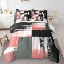 Manfei Pink Grey Abstract Twin Bedding Sets 7-Piece, Chic Minimalism Bedding Comforter Set, Teen Child Kid Adult Reversible Sheet Sets, Microfiber Bedroom Decor