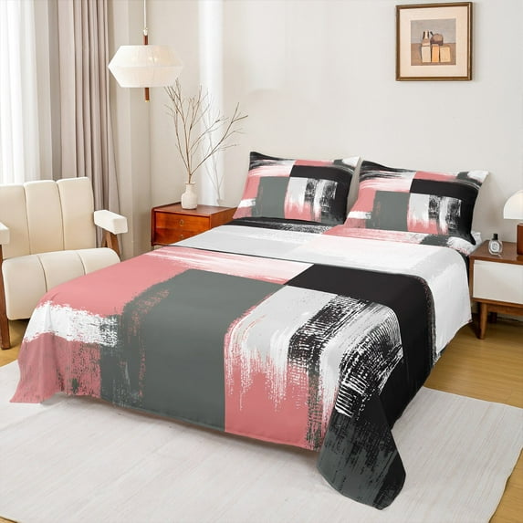 Manfei Pink Grey Abstract Twin Sheet Sets, Chic Minimalism Twin Fitted Sheet, Teen Child Kid Adult Flat Sheet, Microfiber Bedroom Decor, 3 Pieces