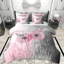 Manfei Pink Grey Dandelion 7-Piece Twin Bedding Sets, Kawaii Butterfly Bedding Comforter Set, Rustic Plant Botanical Reversible Sheet Sets, Lightweight Room Decor