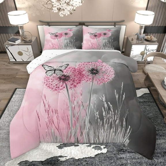 Manfei Pink Grey Dandelion Bedding Comforter Set, Kawaii Butterfly Twin Comforter Sets, Rustic Plant Botanical Reversible Bedding Set, Lightweight Room Decor, 2-Piece