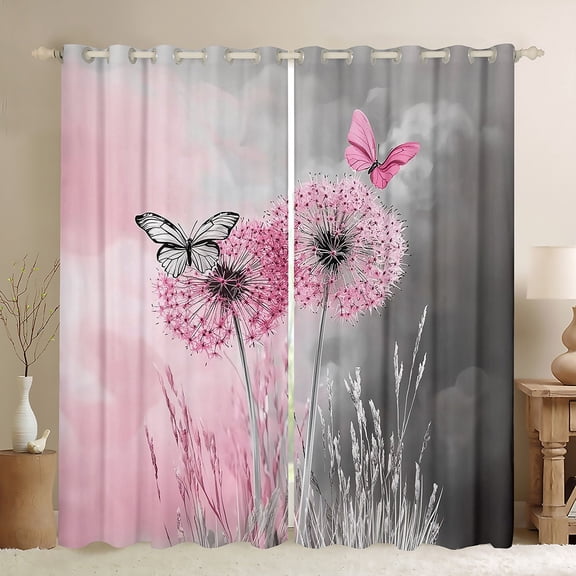 Manfei Pink Grey Dandelion Black Out Curtains, Kawaii Butterfly Curtains Pack of 2 (42x63 Each), Rustic Plant Botanical Bedroom Curtains, Living Room Curtains Decor