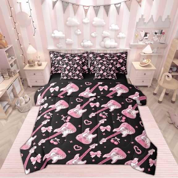 Manfei Pink Guitar Music Bed in a Bag Full size, Cherry Bow Bed Set, Cartoon Love Heart Reversible Bedding Full Size, Microfiber Bedroom Decor, 7pcs