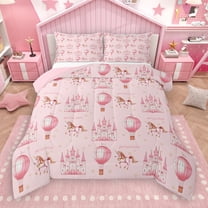 Manfei Pink Hat Air Balloon Bedding Comforter Set,Fairy Tale Castle Twin Comforter Sets,Western Cowgirl Horse Bedding Set For Princess,Super Cozy Room Decor Reversible,2pcs