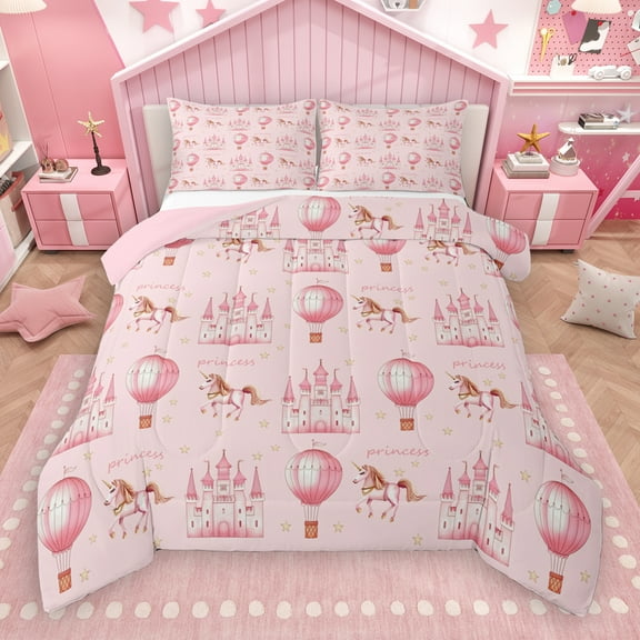Manfei Pink Hat Air Balloon Bedding Comforter Set,Fairy Tale Castle Twin Comforter Sets,Western Cowgirl Horse Bedding Set For Princess,Super Cozy Room Decor Reversible,2pcs