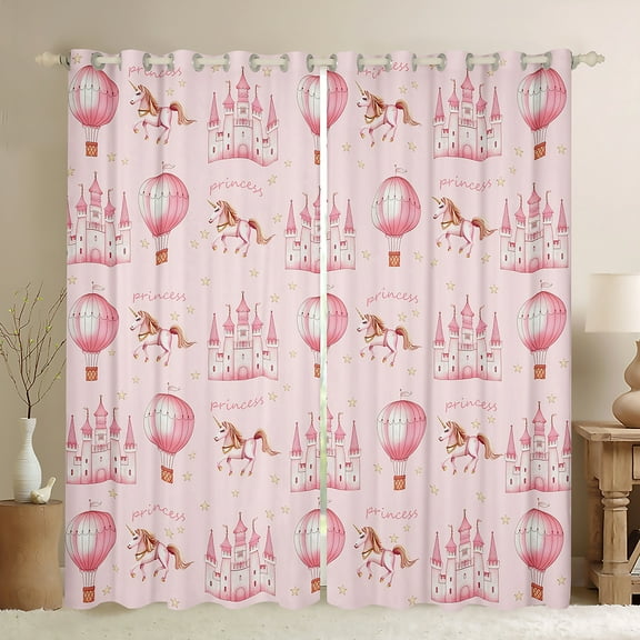Manfei Pink Hat Air Balloon Blackout Curtains Set of 2 (52x84 Each),Fairy Tale Castle Window Curtains,Western Cowgirl Horse Curtains and Drapes For Princess,Super Cozy Room Decor