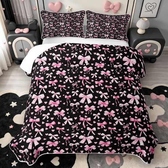 Manfei Pink Heart Bowtie Bed Spread Queen,Polka Dot Queen Coverlet Set,3-Piece,1 Quilt and 2 Pillowcases