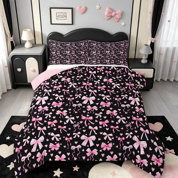 Manfei Pink Heart Bowtie Full Size Comforter Sets,Polka Dot Bedding Comforter Set,Pink Reversible,3pcs,1 Comforter and 2 Pillowcases