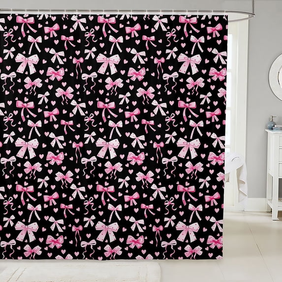 Manfei Pink Heart Bowtie Shower Curtain 72Wx78L,Polka Dot Bath Curtain
