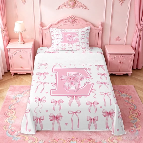 Manfei Pink Heart Print Twin Sheet Sets For Kids,Letter E Initial Monogrammed Bedding For Bow Girls,3pcs