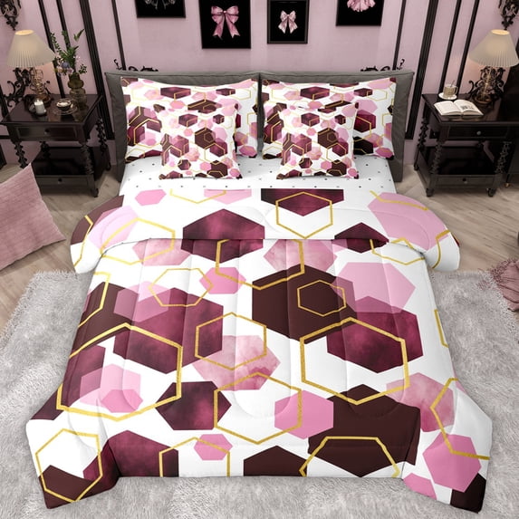Manfei Pink Hexagon Honeycomb 7-Piece Bedding Comforter Set,Vintage Geometric Print King Bedding Sets,Modern Abstract Bed Sheets For Adults,Luxury Bedroom Decor Reversible