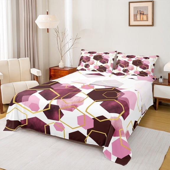 Manfei Pink Hexagon Honeycomb Twin Sheet Sets,Vintage Geometric Print Twin Fitted Sheet,Modern Abstract Flat Sheet For Adults,Luxury Bedroom Decor,3 Pieces