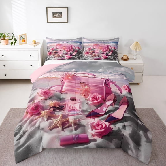 Manfei Pink High Heels Bedding Comforter Set,Chic Bags Perfume Twin Comforter Sets,Sea Beach Starfish Bedding Set For Girl Teens,Breathable Home Decor Reversible,2pcs