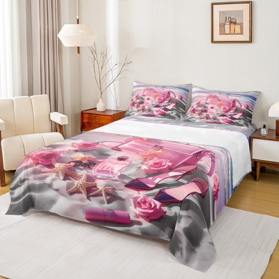 Manfei Pink High Heels Twin Bed Sets,Chic Bags Perfume Fitted Sheets,Sea Beach Starfish Flat Sheet For Girl Teens,Breathable Home Decor,3pcs