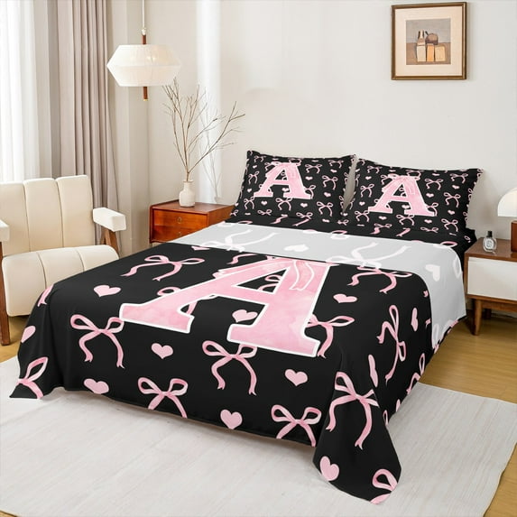 Feelyou Pink Initial Letter Bed Sheets, Monogrammed A King Sheets, Princess Bowknot Sheet Set, Lightweight Room Decoration, 4pcs