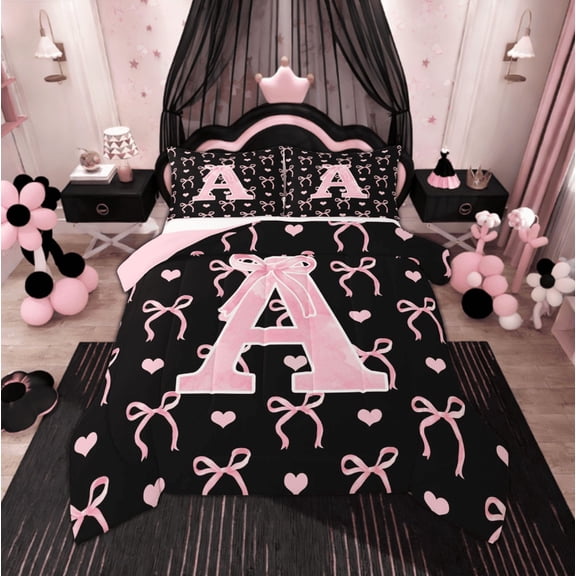 Feelyou Pink Initial Letter Bedding Comforter Set, Monogrammed A Twin Comforter Sets, Princess Bowknot Bedding Set, Lightweight Room Decoration, 2pcs