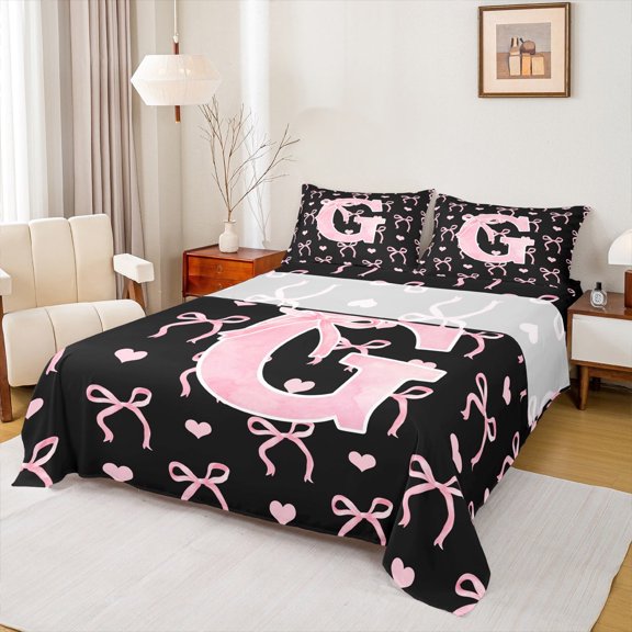Feelyou Pink Initial Letter Full Size Sheets, Monogrammed G Bed Sheets, Princess Bowknot Sheet Sets, Ultra Soft Room Decoration, 4pcs