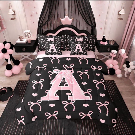 Feelyou Pink Initial Letter Twin Bedding Sets 7-Piece, Monogrammed A Bedding Comforter Set, Princess Bowknot Sheet Sets, Lightweight Room Decoration