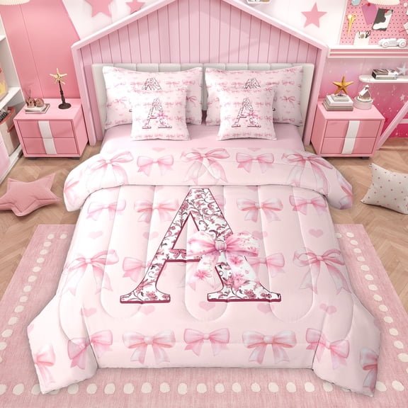 Homewish Pink Initial A Letter Twin Bedding Sets 7-Piece, Princess Bowknot Ribbon Bedding Comforter Set, Cartoon Love Heart Reversible Sheet Sets, Breathable Home Decor