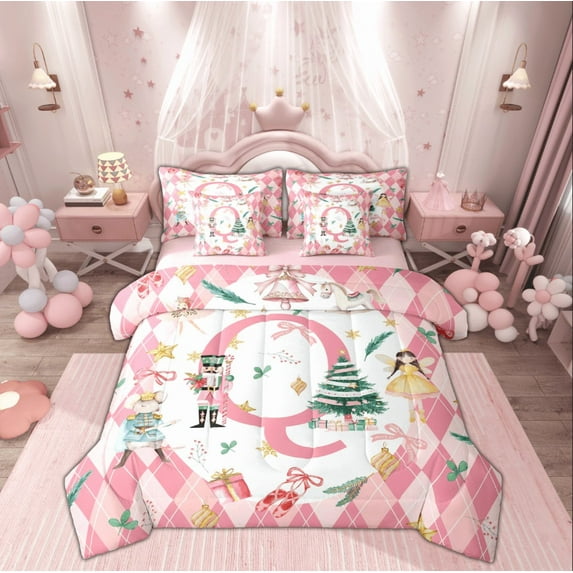 Manfei Pink Initial Q Letter Bedding Comforter Set 7-Piece, Christmas Princess Nutcracker King Bedding Sets, Teen Kid Child Reversible Bed Sheets, Luxury Bedroom Decor