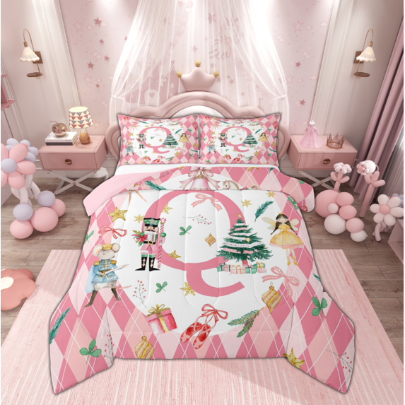 Manfei Pink Initial Q Letter Full Size Comforter Sets, Christmas Princess Nutcracker Bedding Comforter Set, Teen Kid Child Reversible Bedding Sets, Luxury Bedroom Decor, 3 Pieces