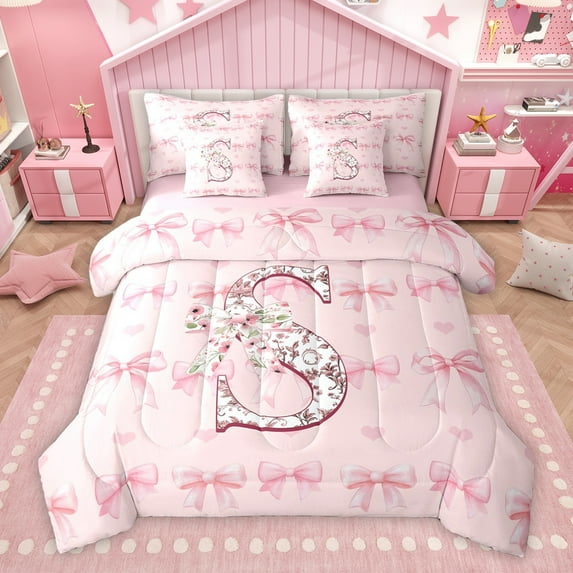 Homewish Pink Initial S Letter Bedding Comforter Set 7pcs, Princess Bowknot Ribbon Queen Bedding Sets, Cartoon Love Heart Reversible Queen Sheet Sets, Breathable Home Decor