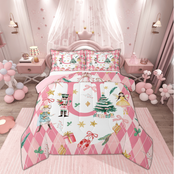 Manfei Pink Initial U Letter Bedding Comforter Set, Christmas Princess Nutcracker Twin Comforter Sets, Teen Kid Child Reversible Bedding Set, Breathable Home Decor, 2pcs