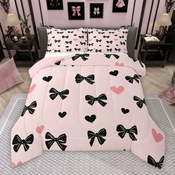 Manfei Pink Kawaii Bow Bedding Comforter Set, Cute Cartoon Love Heart Twin Comforter Sets, Teens Kids Girls Women Reversible Bedding Set, Breathable Home Decor, 2 Pieces