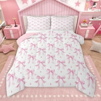 Manfei Pink Kawaii Bow Bedding Comforter Set, Cute Watercolor Stars Ribbon Twin Comforter Sets, Teens Kids Girls Women Reversible Bedding Set, Microfiber Bedroom Decor, 2 Pieces