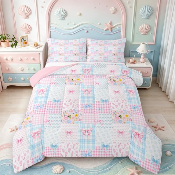 Manfei Pink Kawaii Flowers Full Size Comforter Sets,Cute Coquette Bowtie Bedding Comforter Set,Pink Reversible,3-Piece,1 Comforter and 2 Pillowcases