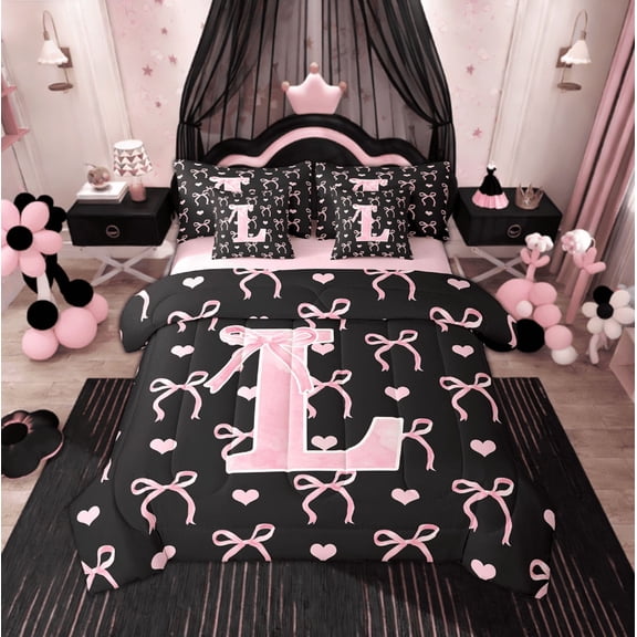 Feelyou Pink L Bedding Comforter Set 7pcs, Initial Letter Queen Bedding Sets, Bowknot Love Heart Queen Sheet Sets, Ultra Soft Bedroom Decoration