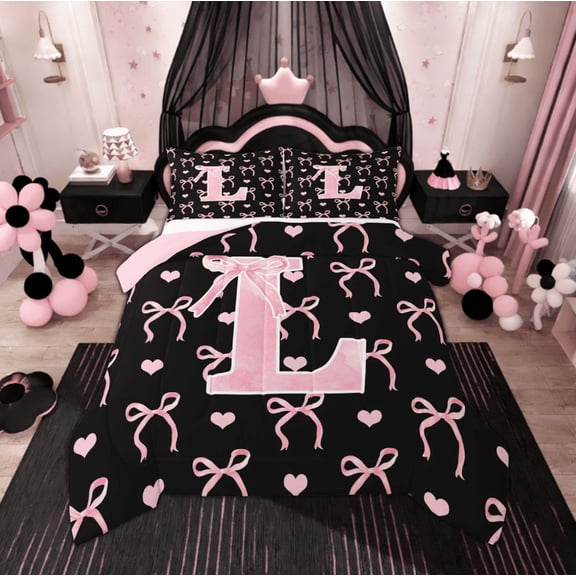 Feelyou Pink L Full Size Comforter Sets, Initial Letter Bedding Comforter Set, Bowknot Love Heart Bedding Sets, Ultra Soft Bedroom Decoration, 3pcs