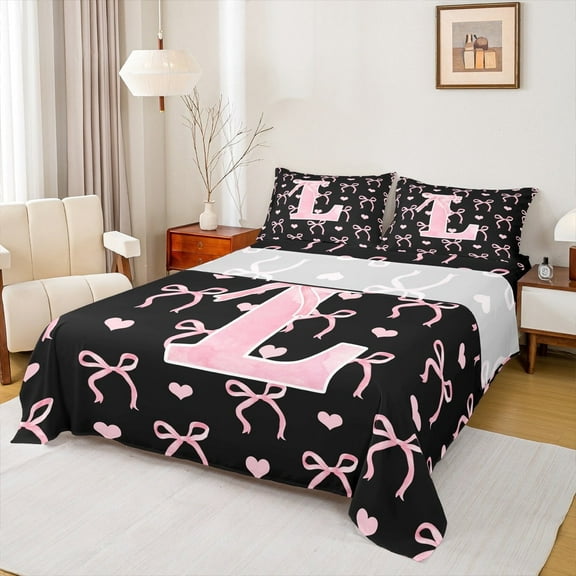 Feelyou Pink L Full Size Sheets, Initial Letter Bed Sheets, Bowknot Love Heart Sheet Sets, Ultra Soft Bedroom Decoration, 4pcs