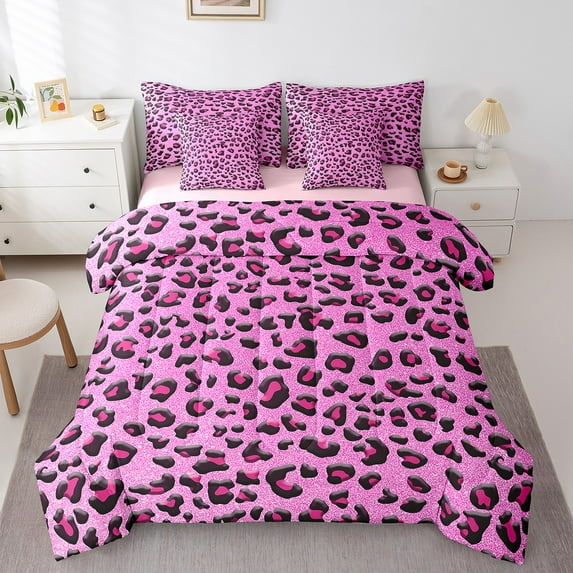 Manfei Pink Leopard Bedding Comforter Set 7pcs,Cheetah Print Queen Bedding Sets,Glitter Print Queen Sheet Sets For Girls Teens,Microfiber Bedroom Decor,Reversible