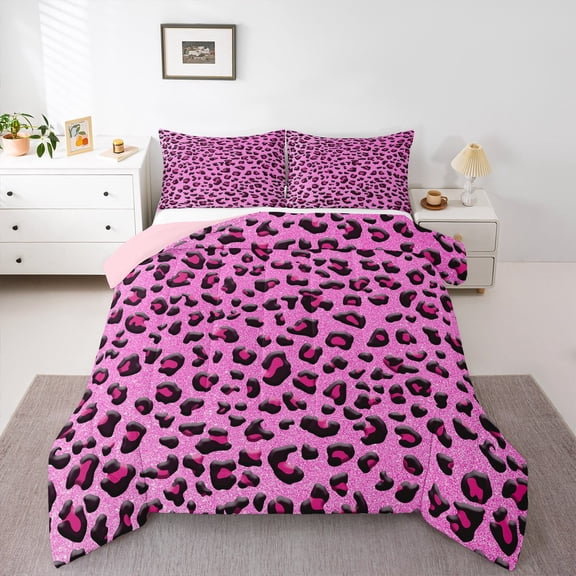 Manfei Pink Leopard Bedding Comforter Set,Cheetah Print Twin Comforter Sets,Glitter Print Bedding Set For Girls Teens,Microfiber Bedroom Decor Reversible,2pcs