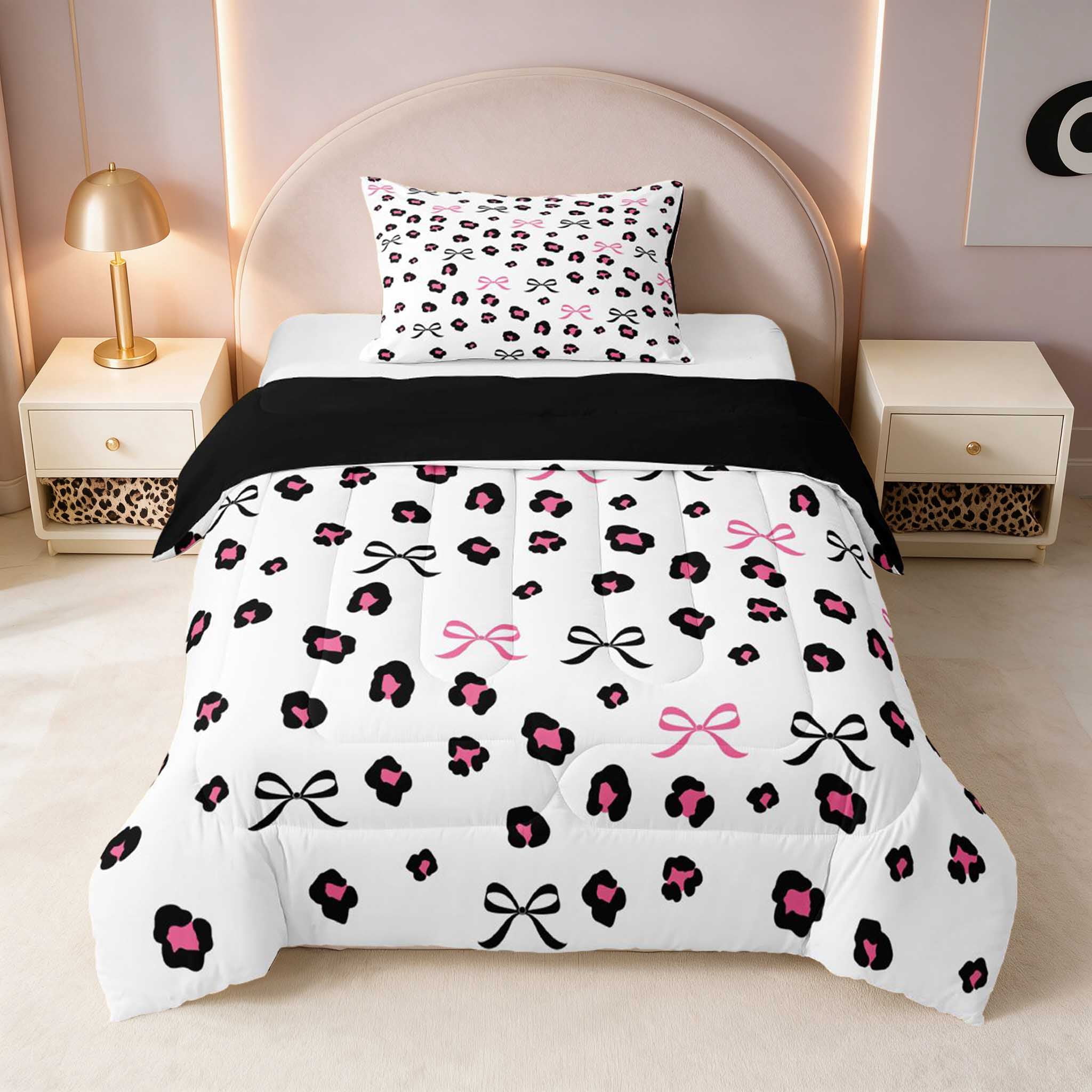 Baby Animal Ribon Manfei Pink Leopard Bows Twin Comforter Sets, Cute Ribbon Dots Bedding ...