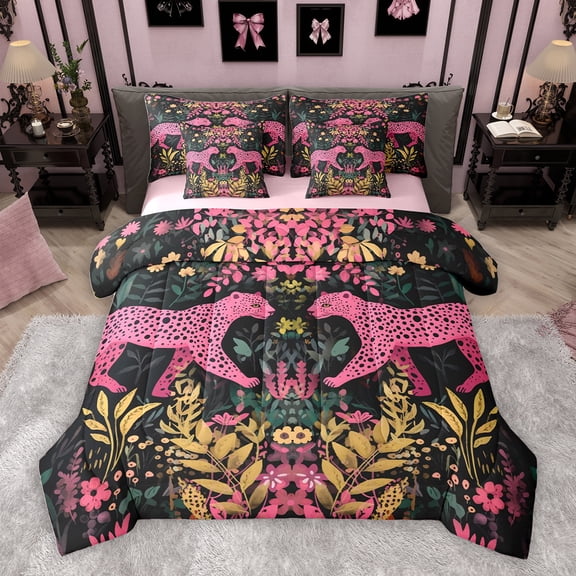 Homewish Pink Leopard Cheetah Twin Bedding Sets 7-Piece, Fashion Wildlife Print Bedding Comforter Set, Teens Adult Men Women Reversible Sheet Sets, Lightweight Room Decor