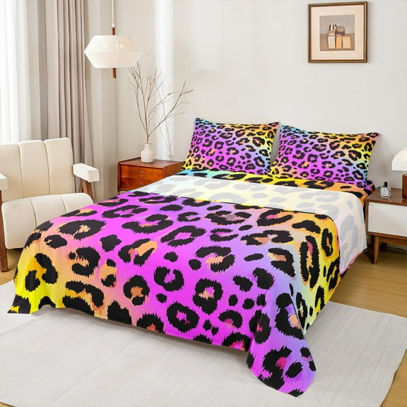 Manfei Pink Leopard Print Bed Sheets for Girls, Rainbow Gradient King Sheets, Cheetah Print Sheet Set, Super Cozy Room Decor 4pcs