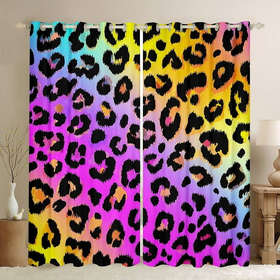 Manfei Pink Leopard Print Black Out Curtains for Girls, Rainbow Gradient Curtains Pack of 2 (42x63 Each), Cheetah Print Bedroom Curtains, Luxury Room Decor