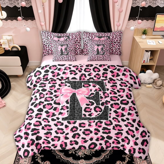 Manfei Pink Leopard Print Bow Letter E Twin Bedding Sets for Girls, Fashion Initial Bedding Comforter Set, Pink Reversible, 7pcs