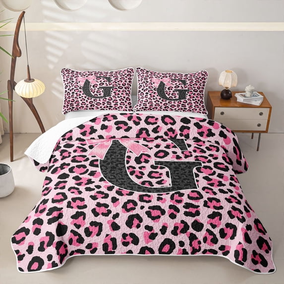 Manfei Pink Leopard Print Bow Letter G Quilt King for Girls, Cute Initial Bows King Coverlet Set