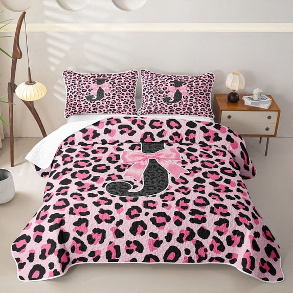 Manfei Pink Leopard Print Bow Letter J Quilt King for Girls, Cute Initial Bows King Coverlet Set