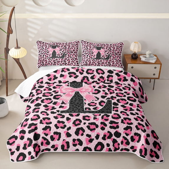 Manfei Pink Leopard Print Bow Letter L Twin Quilt Set for Girls, Cute Initial Bows Twin Coverlet Set