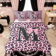 thumbnail image 1 of Manfei Pink Leopard Print Bow Letter M Bedding Comforter Set for Girls, Cute Initial Bows Full Bedding Set, Pink Reversible, 7 Pieces, 1 of 7