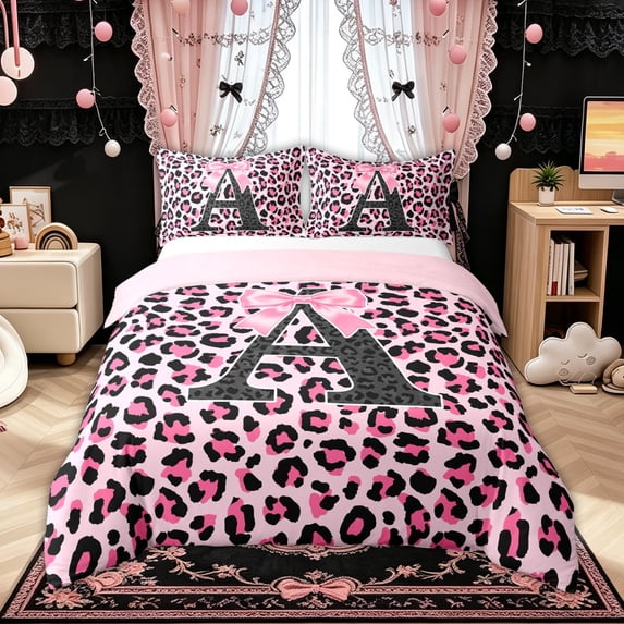 Manfei Pink Leopard Print Bow Letter A Queen Duvet Cover Set for Girls, Fashion Initial Bedding, Pink Reversible, 1 Duvet Cover and 2 Pillowcases (No Comforter)