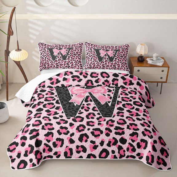 Manfei Pink Leopard Print Bow Letter W Quilt Full for Girls, Bowknot Initial Full Bedspread Sets
